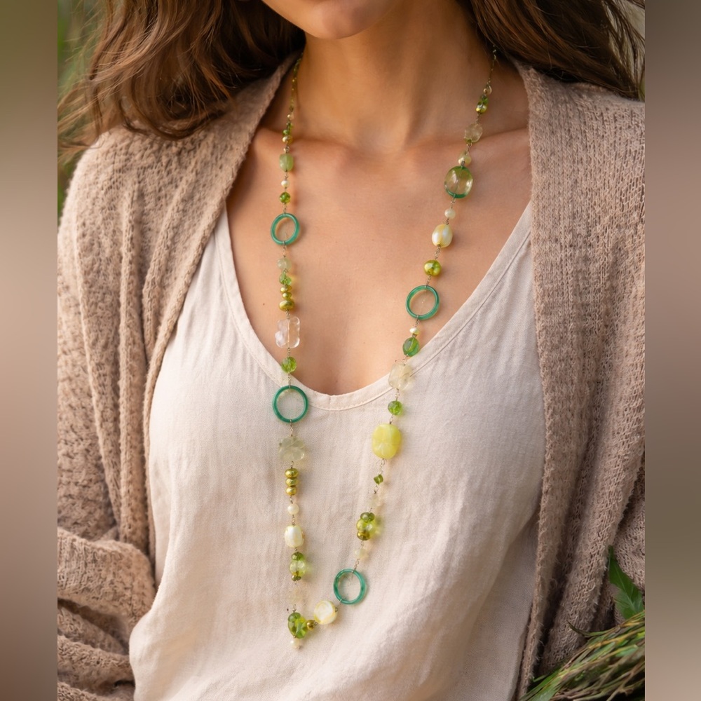 Vintage Sterling‎ Green and Yellow Beaded Long Necklace boho festival coastal